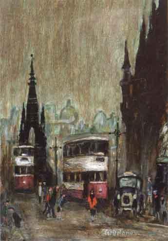 Trams in Albert Square, Manchester by 
																	Arthur Delaney