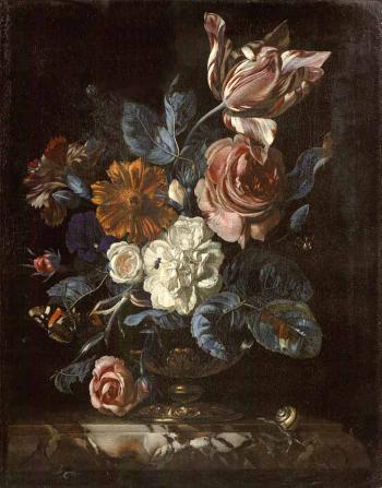 Roses, tulip, carnation and other flowers in a gilt bronze bowl, butterfly on a ledge by 
																	Nicolaes Lachtropius