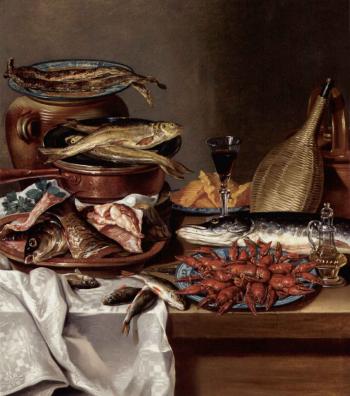 Plate of herrings on an urn, trout and a lobsters, bottle of olive oil on a draped table by 
																	Anton Friedrich Harms
