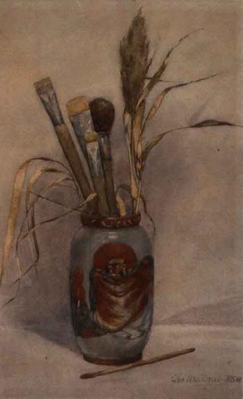 Still life with paint brushes in a Japanese vase by 
																	Alexander Macbride