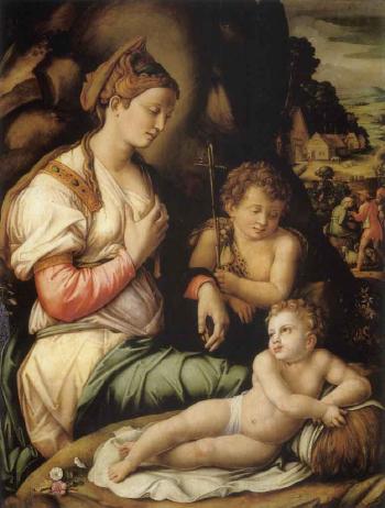 Madonna and Child with Saint John the Baptist seated among rocks, village beyond with shepherds by 
																	Francesco Ubertini