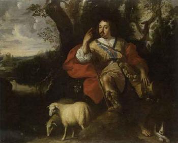 Pastoral portrait of gentleman as shepherd, with young woman playing lute by 
																	Jan Thomas van Yperen