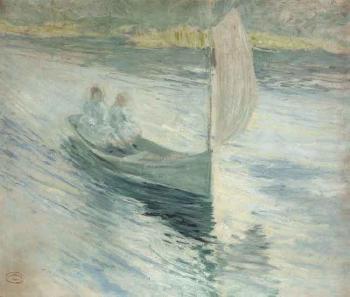 Two children in a sailboat by 
																	John Henry Twachtman