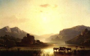 Cattle watering in a continental landscape by 
																	Alfred Nichol