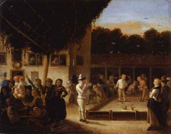 Figures playing bowls and skittles in courtyard of inn by 
																	Gerrit Lundens