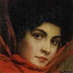 Portrait of young woman with red scarf by 
																	Hans Puhringer