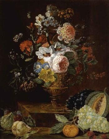 Bouquet of flowers in gilt vase with fruit by 
																	Jacob Caproens