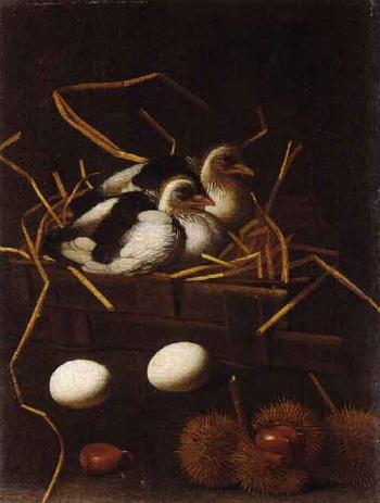 Pigeons in basket with eggs and chestnuts by 
																	Giovanni Quinsa
