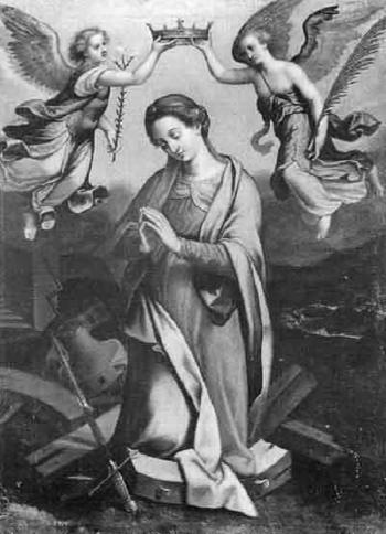 Saint Catherine crowned by angels by 
																	Giovanni Bernardino Azzolini