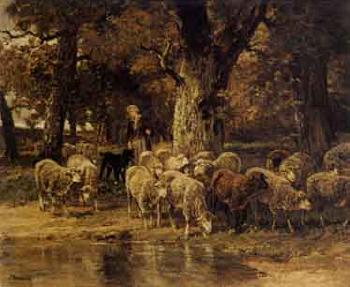 Pastoral landscape with shepherdess and her flock by 
																			James Desvarreux-Larpenteur