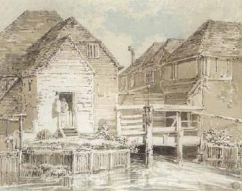 Cottages on a backwater by 
																			Joseph Mallord William Turner