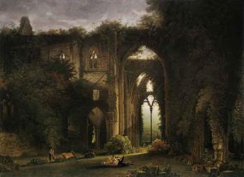 Tintern Abbey with elegant figures by 
																			Samuel Colman of Bristol