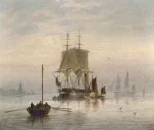 Estuary scene with man-o-war at anchor and hay barge by 
																			Charles A Lodder