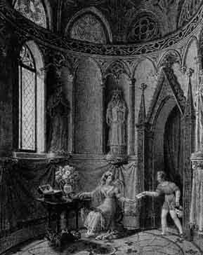 Castle interior with young lady receiving letter by 
																	Jean Claude Rumeau