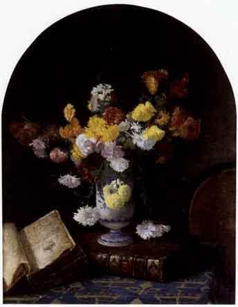 Chrysanthemums in a vase with books on a draped table by 
																	Berthe Cuirblanc