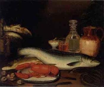 Fish, cockles and lobster on table by 
																	Alexander Dalziel