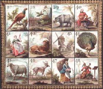 Animals, musicians, fruits, landscapes and other scenes, from a lotto game by 
																			Jean Mondon
