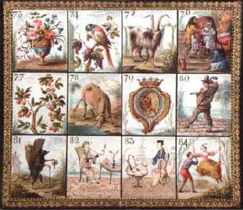Animals, musicians, fruits, landscapes and other scenes, from a lotto game by 
																			Jean Mondon
