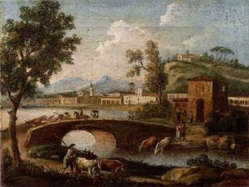 Mountainous landscape with stream. River landscape with ruins by 
																			Gaetano Zais