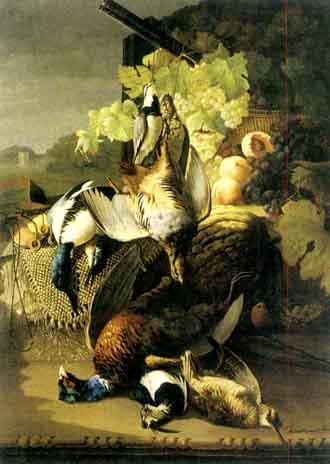 Still life with gamebirds and fruit by 
																	Constant Woutermaertens