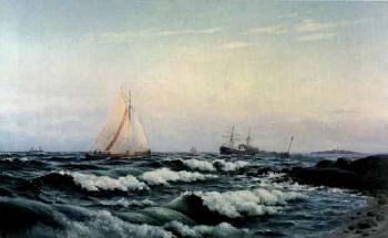 Seascape with vessels by coast by 
																	Frans Maexmontan
