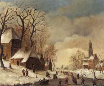 Dutch winter view with ice skaters by 
																	F Oury
