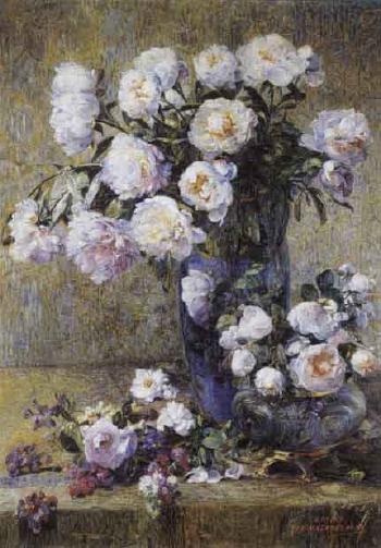 Peonies and roses by 
																	Edmond de Maertelaere