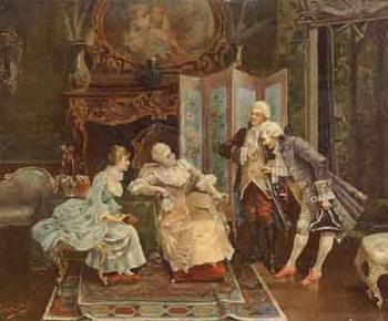 Drawing room interior with couples conversing by 
																	 Gambert