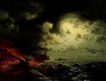 Paddle-steamer on fire by rocky cliffs, moonlit night by 
																	Anders Kallenberg