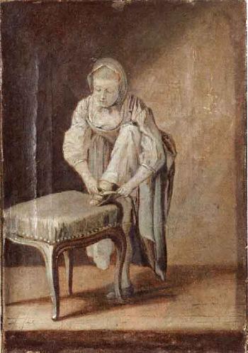 Interior scene with woman tying her shoe by 
																	Johan Rhodin