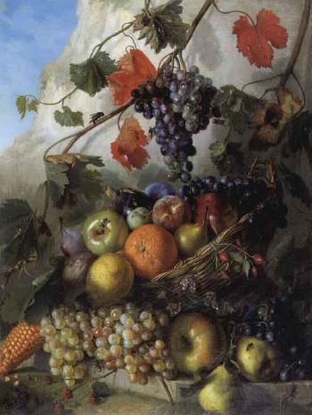 Panier de fruits et grappes de raisins sur entablement by 
																	G Roueg