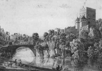 Landscape with a bridge over a river by 
																			Johann Heinrich Luttringshausen