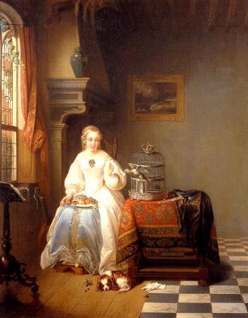 Lady with her parrot in an elegant interior by 
																	Alexis van Hamme