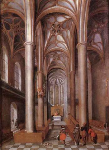 Interior of Augustan Church in Nuremberg with elegant figures by 
																	Paul Juvenell