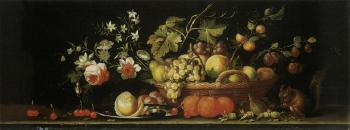 Still lifes with fruit and flowers on a stone ledge by 
																			 Pseudo Simons