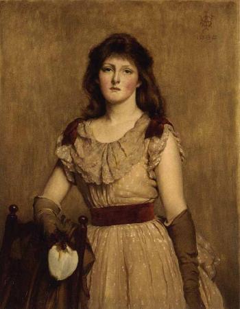 Portrait of a girl in a yellow dress with red sash holding a arum lily by 
																	Archibald James Stuart Wortley