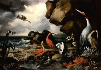 Penguin, pair of flamingos and other exotic birds, shells and coral on the shoreline by 
																	Philip Reinagle
