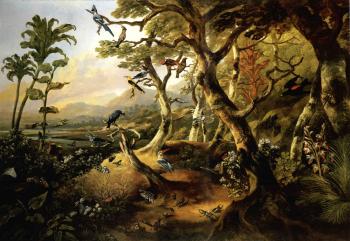 Exotic birds and insects among trees and foliage in a mountainous river landscape by 
																	Philip Reinagle
