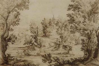 Extensive river landscape with falconer on a horse. Extensive river landscape with hunter shooting by 
																			Ercole Bazzicaluva