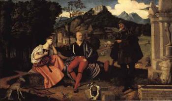 Lovers and pilgrim in landscape by 
																	Domenico Caprioli