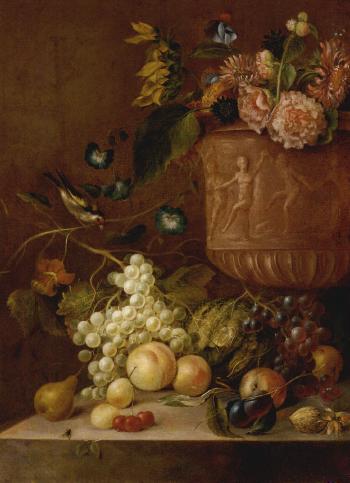 Grapes, peaches and other fruits, cabbage and walnut on a stone ledge, vase of flowers by 
																	G Dadelbeek