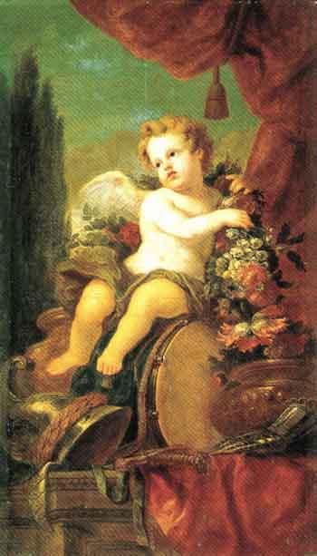 Putto holding a garland of flowers and seated on a drum by 
																	Florentin Damoiselet