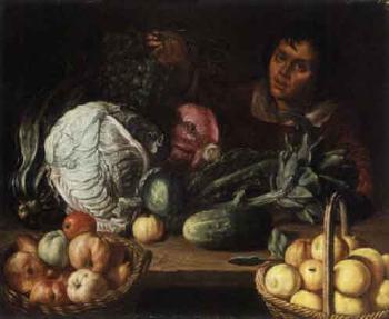 Still life with vegetables and fruits with a body holding a bunch of grapes by 
																	Cornelis Willemsz Eversdyck