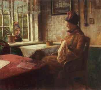 Interior scene with women chatting through open window by 
																	Asger Riber