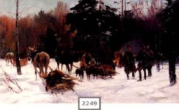 Snowy landscape with hunters warming themselves by open fire by 
																	 Zygmuntowicz