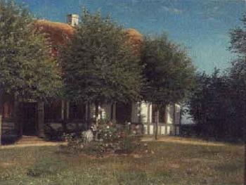 The garden of Hvirring Vicarage with the artist's sister sewing by 
																	Andreas Fritz