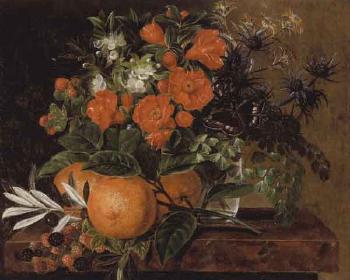 Flowers in glass vase and oranges on ledge by 
																	Mie Baggesen