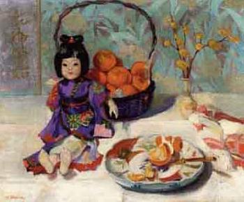 Still life of Chinese doll and fruit on table by 
																	Charles Frolich