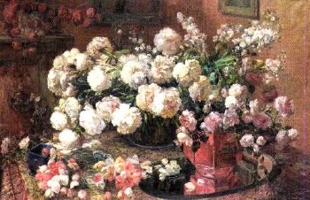 Bouquets de fleurs sur une table by 
																	Edmond de Maertelaere
