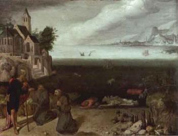 Saint benissant deux moines avec sur l'arriere-plan une scene de naufrage by 
																	Pieter van Harlingen Feddes